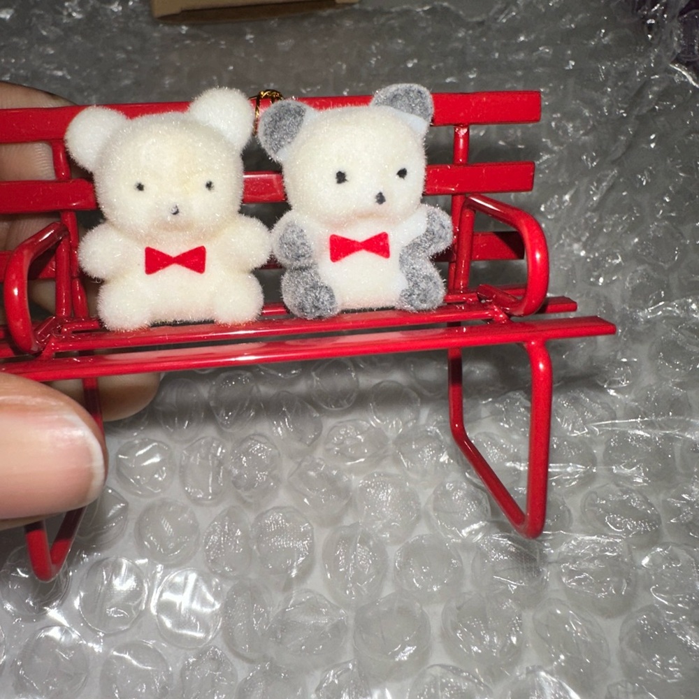 Avon Teddy Bear Collection Ornaments on bench with Red Bows - Picture 9 of 16